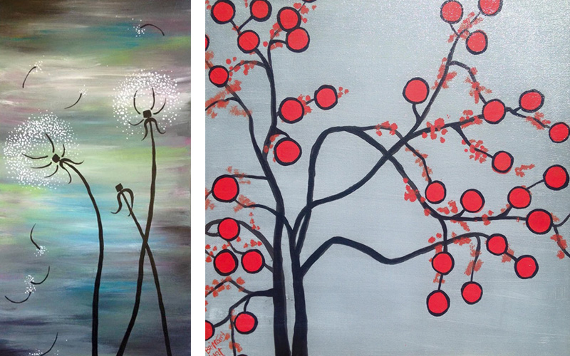 West Seattle Acrylic Painting Dandelion and Red Tree